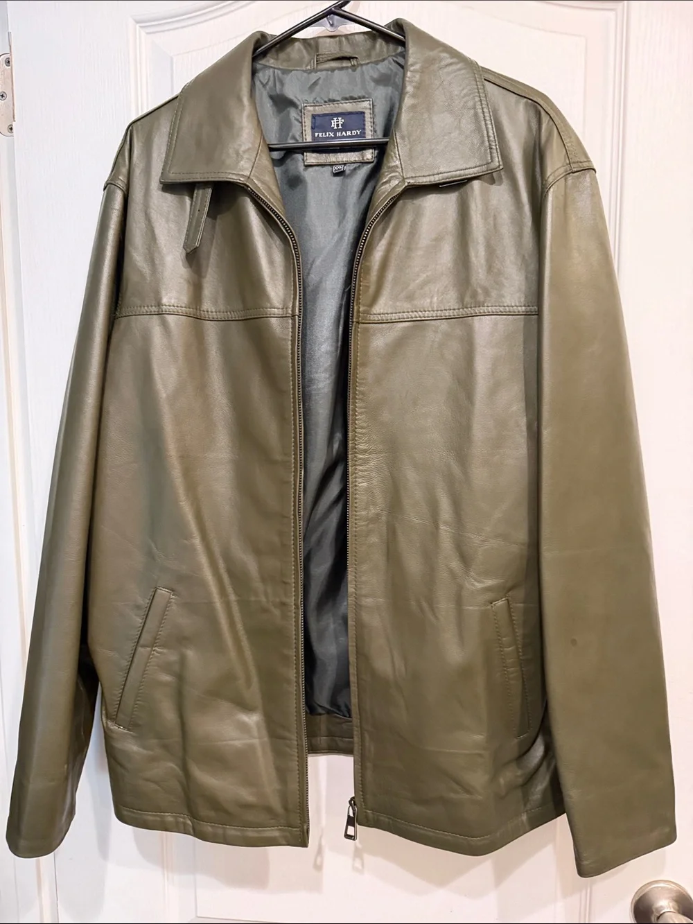 Men's Olive Leather Bomber Jacket